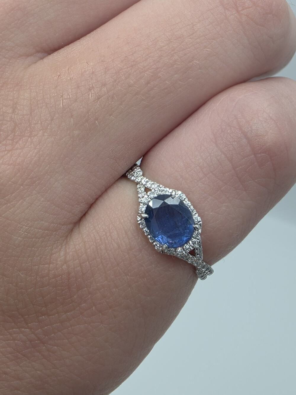 Natural Blue Sapphire And Diamonds Engagement Ring Oval Shape Sapphire Size 5.75